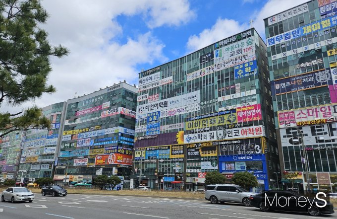 동탄2신도시 부모들은 신도시 특성상 자녀의 진로와 대학 입시 등 교육에 관심이 많다. 사진은 교육 열기가 느껴지는 동탄 호수공원 앞 도로변 4개의 건물에 수십개의 학원이 들어선 모습. /사진=문희인 기자