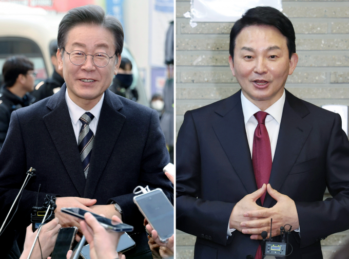 인천 계양을 4·10 총선 여론조사 결과 이재명 더불어민주당 후보와 원희룡 국민의힘 후보의 격차는 4%포인트다. 사진은 (왼쪽) 지난 1월31일 이 후보, (오른쪽) 지난달 14일 원 후보가 각각 당사에서 열린 후보자 면접장에서 취재진 질문에 답변하는 모습. /사진=뉴시스