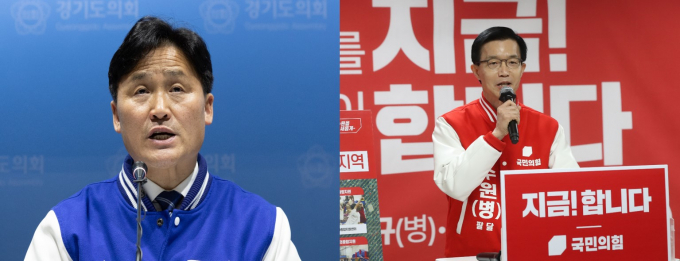경기 수원시병에 출마하는 김영진 더불어민주당 후보와 방문규 국민의힘 후보의 지지율이 16%포인트 격차를 보였다. 사진은 (왼쪽) 김 후보가 지난 14일 경기 수원시 영통구 경기도의회 브리핑룸에서 열린 수원 지역 후보 합동 공약 발표 기자회견에서 발언하는 모습. (오른쪽) 방 후보가 지난 14일 경기 수원시 영통구 경기도의회에서 열린 '국민의힘 수원 후보 합동 공약 발표'에서 공약발표를 하는 모습. /사진=뉴스1
