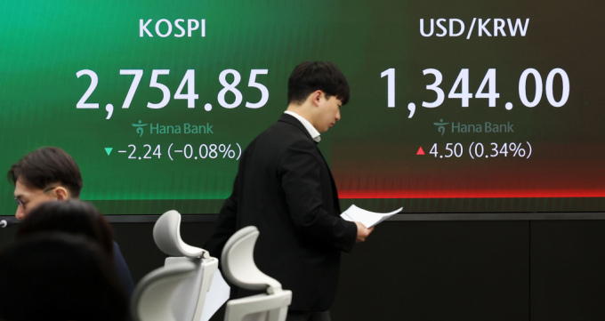 코스피가 전 거래일(2757.09)보다 12.09포인트(0.44%) 하락한 2745.00에 개장한 27일 오전 서울 중구 하나은행 딜링룸 전광판에 지수가 표시되고 있다./사진=뉴시스