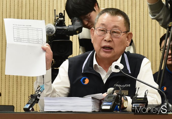 ▲ 서울시·인천시의 버스 임금인상률을 비교한 표를 들어보이는 박점곤 전국자동차노조 서울시버스노동조합 위원장