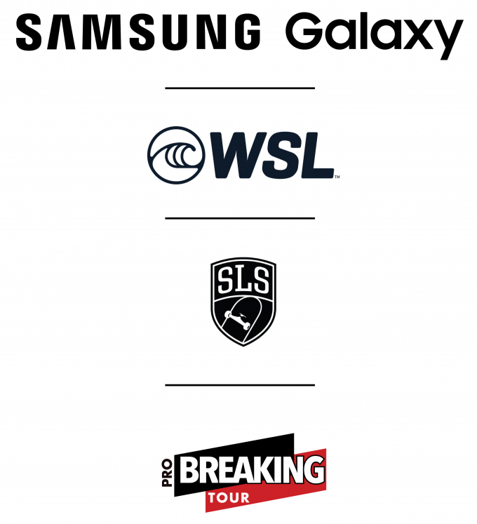 월드서프리그(WSL)·스트리트 리그 스케이트보딩(SLS)·프로 브레이킹 투어(PBT) 로고 이미지. / 사진=삼성전자