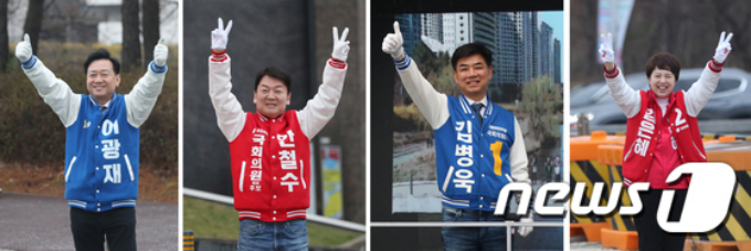  경기 성남 분당갑에 출마한 이광재 더불어민주당 후보(왼쪽부터)와 안철수 국민의힘 후보, 분당을에 출마한 김병욱 더불어민주당 후보와 김은혜 국민의힘 후보가 공식 선거운동이 시작된 28일 오전 경기 성남시 분당구 일대에서 출근길 시민들에게 인사를 하고 있다. / 사진=뉴스1