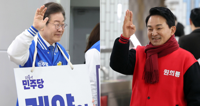  4·10 총선 공식 선거운동이 시작된 28일 이재명 더불어민주당 계양을 후보(왼쪽)와 원희룡 국민의힘 계양을 후보(오른쪽)가 각각 인천 계양구 계양역과 서해종합상가를 찾아 시민들에게 인사하고 있다./ 사진=뉴시스 전진환 기자