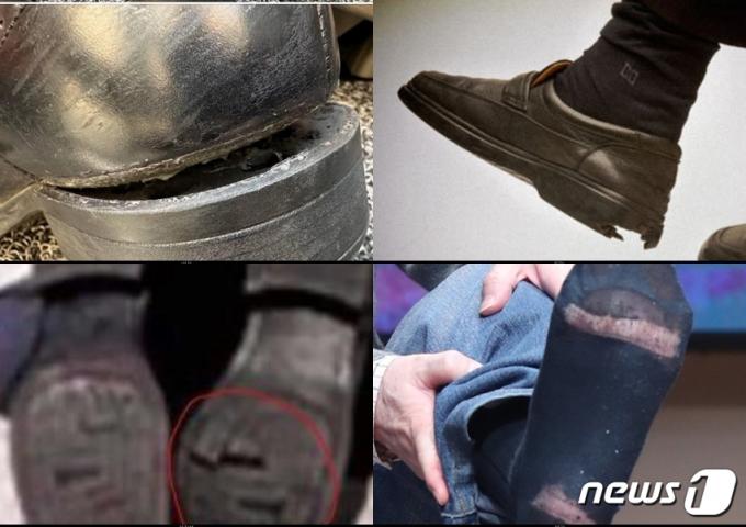 이재명 더불어민주당 대표 비서실은 30일 SNS에 구두 밑창이  다 떨어질 정도로 열심히 선거현장을 누볐다며 사진을 소개했다.  왼쪽 위부터 시계방향으로 이 대표 구두 밑창, 고 박원순 서울 시장 신발, 안철수 국민의힘 의원의 해진 양말, 문재인 전 대통령의 구두 밑창. (SNS 갈무리·) ⓒ 뉴스1 DB