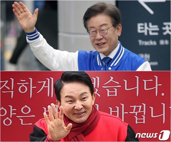 4·10 총선 공식 선거운동이 시작된 28일 이재명 더불어민주당 계양을 후보(위)와 원희룡 국민의힘 계양을 후보가 각각 인천 계양구 계양역과 서해종합상가를 찾아 시민들에게 인사하고 있다. 2024.3.28/뉴스1 ⓒ News1 김성진 기자