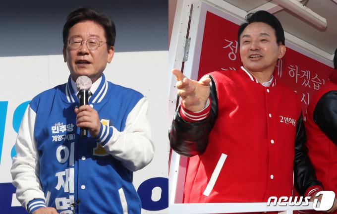 제22대 총선 인천계양을에 출마한 이재명 더불어민주당 대표와 원희룡 국민의힘 후보가 31일 오후 인천 계양구 서운동성당 앞에서 각각 시민들에게 지지를 호소하고 있다. 2024.3.31/뉴스1 ⓒ News1 임세영 기자