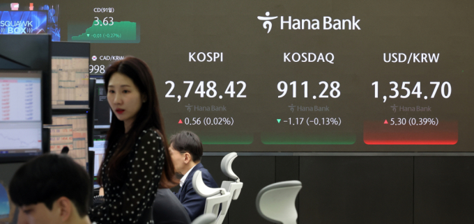  2일 서울 중구 하나은행 딜링룸에서 딜러들이 업무를 보고 있다. 코스피는 전 거래일(2747.86)보다 3.71포인트(0.14%) 하락한 2744.15에, 코스닥지수는 전 거래일(912.45)보다 0.38포인트(0.04%) 내린 912.07에 거래를 시작했다. 서울 외환시장에서 원·달러 환율은 전 거래일(1349.4원)보다 5.3원 오른 1354.7원에 출발했다./사진=뉴시스