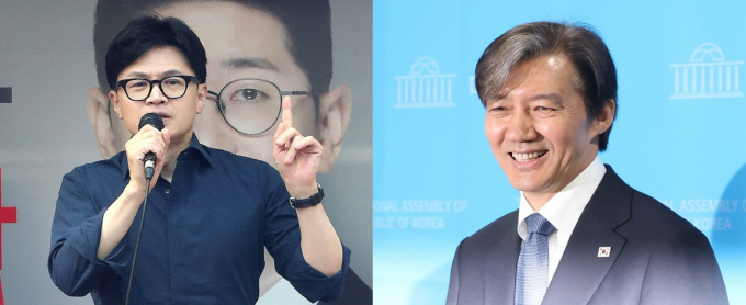 조국 조국혁신당 대표가 한동훈 국민의힘 비상대책위원장의 프로야구 롯데 자이언츠 염종석처럼 되고 싶다는 발언에 대해 "칵 쎄리마"라고 비판했다. 사진은 (왼쪽) 한 위원장이 지난 1일 부산 해운대구 선셋비즈니스호텔 앞에서 열린 '국민의힘으로 해운대살리기' 지원유세에서 지지를 호소하는 모습. (오른쪽) 조 대표가 2일 서울 여의도 국회 소통관에서 공직선거법 헌법소원 관련 기자회견에서 국민의힘의 고발 관련 취재진의 질문에 미소짓는 모습. /사진=뉴스1