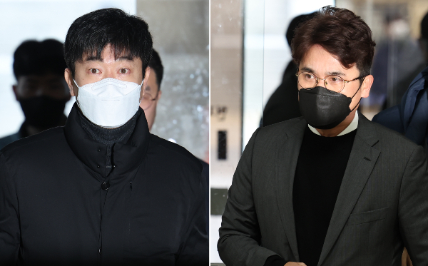 후원업체로부터 뒷돈을 수수한 혐의를 받는 KBO리그 KIA타이거즈의 김종국 전 감독과 장정석 전 단장의 범죄수익이 추징보전됐다. 사진은 지난 1월30일 서울 서초구 서울중앙지방법원에서 열린 영장실질심사(구속 전 피의자 심문)에 출석한 김 전 감독(왼쪽)과 장 전 단장. /사진=뉴시스
