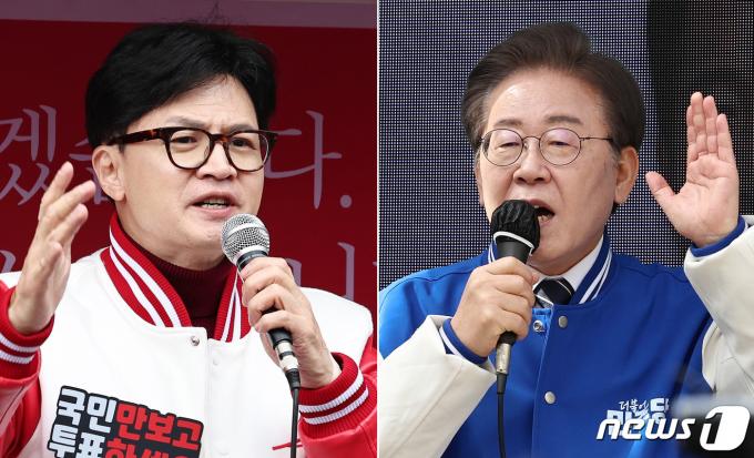 이재명 더불어민주당 대표(오른쪽)와 한동훈 국민의힘 비상대책위원장이 30일 각각 서울과 인천에서 주말 지원유세를 하고 있다. 2024.3.30/뉴스1 ⓒ News1 구윤성 기자