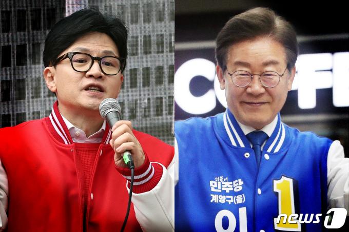 한동훈 국민의힘 총괄선대위원장(왼쪽)과 이재명 더불어민주당 대표가 28일 선거유세를 하고 있다. 2024.3.28/뉴스1 ⓒ News1 송원영 기자