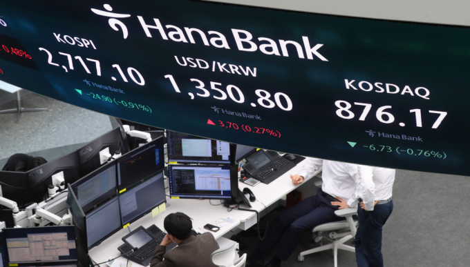 코스피가 전 거래일(2742.00)보다 28.04포인트(1.02%) 하락한 2713.96에 개장한 5일 오전 서울 중구 하나은행 딜링룸 전광판에 지수가 표시되고 있다./사진=뉴시스 