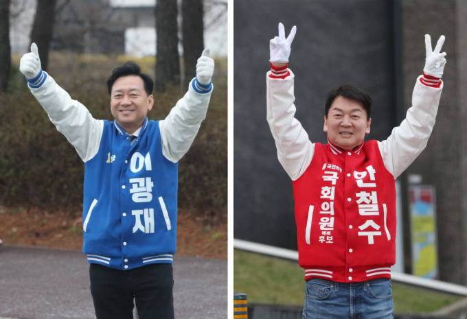 22대 국회의원 선거 경기 성남 분당갑에 출마한 이광재 더불어민주당 후보와 안철수 국민의힘 후보가 치열한 접전을 벌이고 있다. 사진은 공식 선거운동이 시작된 지난달 28일 오전 경기 성남시 분당구 일대에서 출근길 시민들에게 인사를 하고 있는 이광재 후보(왼쪽)와 안철수 후보. /사진= 뉴스1