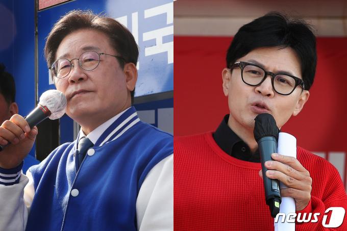 이재명 더불어민주당 대표(왼쪽)과 한동훈 국민의힘 총괄선대위원장이 7일 각각 유세를 하고 있다. 2024.4.7/뉴스1 ⓒ News1 송원영 기자