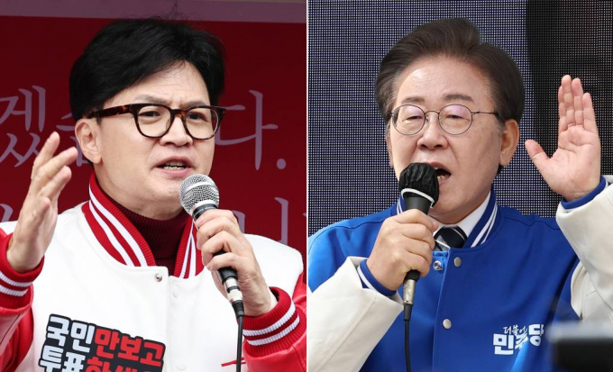 총선을 이틀 앞두고 이재명 더불어민주당 대표와 한동훈 국민의힘 비상대책위원장이 막판 표심잡기에 나선다. 사진은 지난달 30일 각각 서울과 인천에서 주말 지원유세를 하고 있는 이재명 더불어민주당 대표(오른쪽)와 한동훈 국민의힘 비상대책위원장. /사진= 뉴스1