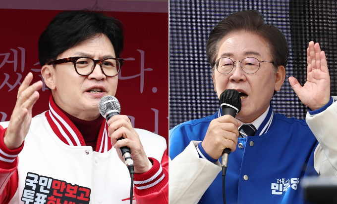 제22대 국회의원 본선거를 이틀 앞두고 이재명 더불어민주당 대표와 한동훈 국민의힘 비상대책위원장이 접전지 공략에 나섰다. 사진은 이 대표(오른쪽)와 한 위원장이 지난달 30일 각각 서울과 인천에서 주말 지원유세를 하는 모습. /사진=뉴스1