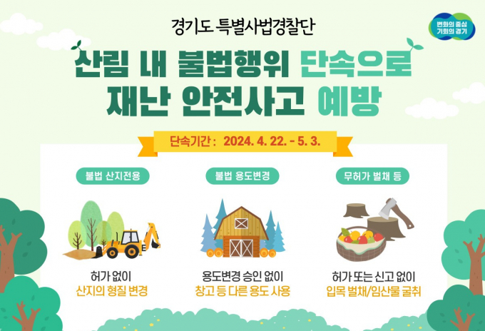 경기도 특별사법경찰단은 4월 22일부터 5월 3일까지 도내 불법 산지전용 및 용도변경, 무허가 벌채 등 산림 내 불법행위를 집중 단속한다. 사진은 홍보물. / 자료제공=경기도 