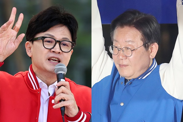 총선 사전투표율이 역대 최고치를 기록한 것과 반대로 본투표율은 지난 선거 대비 다소 낮은 양상을 보이고 있다. 사진은 한동훈 국민의힘 총괄선대위원장(왼쪽)과 이재명 더불어민주당 대표. /사진=뉴스1