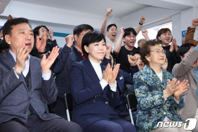 [사진] 출구조사 결과 환호하는 전현희