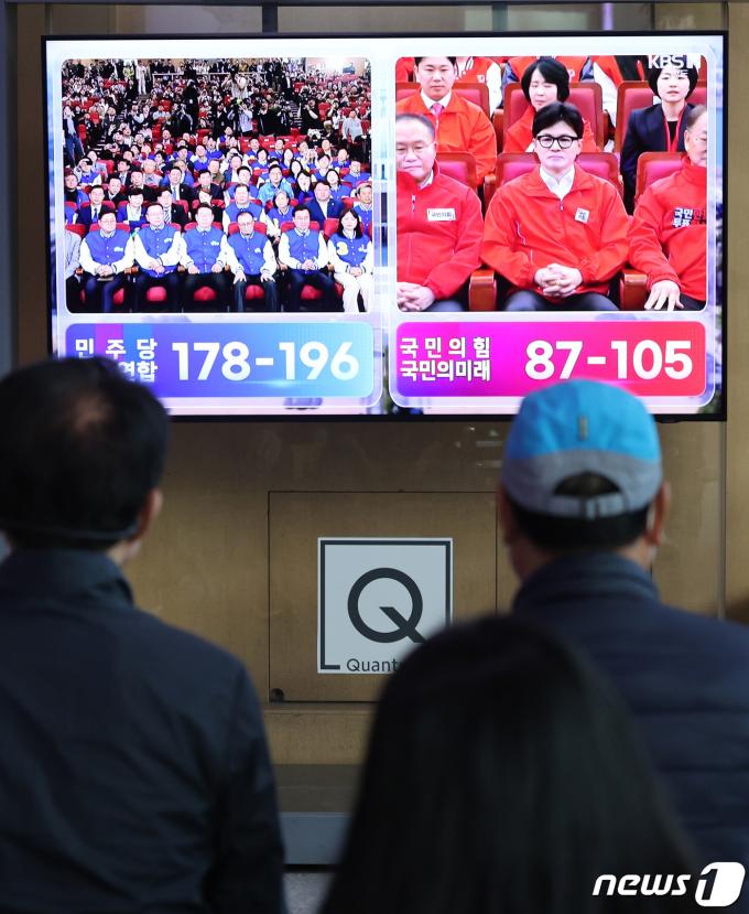 [사진] 출구조사 결과에 민주당 환호, 국민의힘 침울