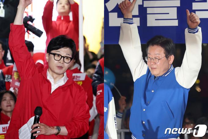 한동훈 국민의힘 총괄선대위원장(왼쪽)과 이재명 더불어민주당 대표가 9일 각각 서울 중구 청계광장과 용산 용산역광장에서 마지막 유세를 하고 있다. 2024.4.9/뉴스1 ⓒ News1 송원영 기자
