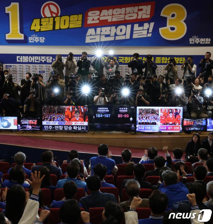 [사진] 민주당 '출구조사 결과 압승에 환호'