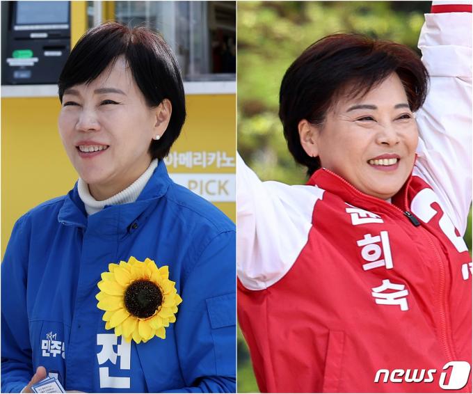 전현희 더불어민주당 중·성동갑 후보(왼쪽)와 윤희숙 국민의힘 중·성동갑 후보가 각각 9일 서울 성동구 무학여고와 왕십리역 광장에서 지지 호소를 하고 있다. 2024.4.9/뉴스1 ⓒ News1 김성진 기자