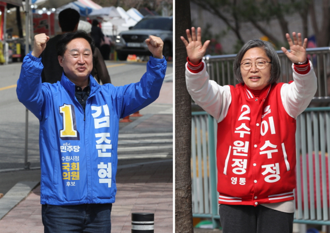 제22대 국회의원 선거 경기 수원정에 출마한 김준혁 더불어민주당 후보(왼쪽부터)와 이수정 국민의힘 후보가 지난 2일 오전 경기 수원시 영통구 일대에서 시민들에게 인사를 하고 있다. / 사진=뉴스1 김영운 기자 