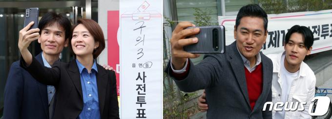 광진구을에서 맞붙은 고민정 더불어민주당 후보(왼쪽 사진)와 오신환 국민의힘 후보가 5일 오전 서울 광진구 강변역로 구의3동 주민센터와 구의1동 주민센터에 마련된 사전투표소에서 각각 가족과 함께 사전투표를 머친 뒤 인증샷을 찍고 있다. 2024.4.5/뉴스1 ⓒ News1 박정호 기자