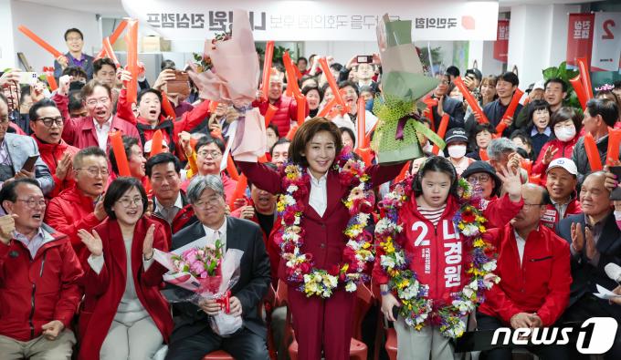[사진] '당선 확실' 나경원, 승리의 환호