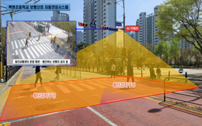 용인특례시 기흥구 백현초등학교 앞에 설치된 보행 신호 자동 연장시스템. /  사진제공=용인특례시