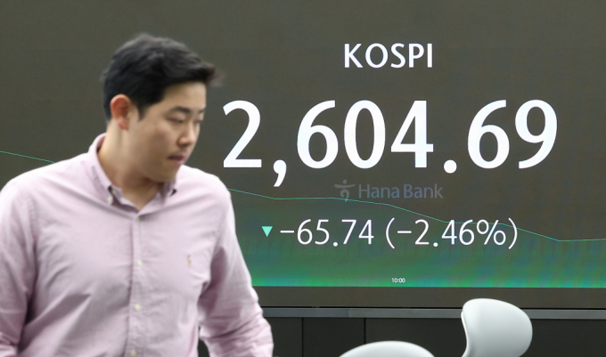 중동 지정학적 리스크 확대로 위험회피 심리가 강해진 가운데 미 금리 인하 기대감이 후퇴하면서 외국인과 기관의 동반 매도세에 국내 증시가 2% 넘게 하락한 16일 서울 중구 하나은행 본점 딜링룸 전광판에 장중 시황이 표시되고 있다. /사진=뉴스1