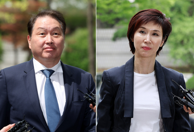 최태원 SK그룹 회장(왼쪽)과 노소영 아트센터 나비 관장이 16일 오후 서울 서초구 고등법원에서 열린 이혼 관련 항소심 변론기일에 출석하고 있다. / 사진=뉴스1 박지혜 기자 