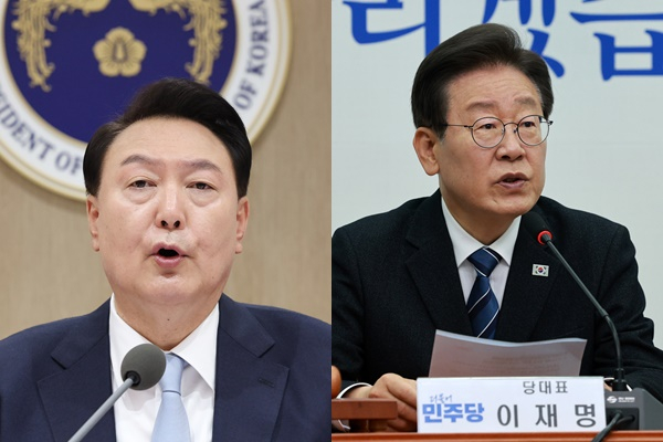 대통령실이 윤석열 대통령과 이재명 더불어민주당 대표의 영수회담 가능성이 열려있다고 말했다. 사진은 (왼쪽) 윤 대통령이 16일 서울 용산 대통령실 청사에서 열린 국무회의를 주재하는 모습. (오른쪽) 이 대표가 지난 15일 서울 여의도 국회에서 열린 최고위원회의에서 발언하는 모습. /사진=뉴시스(왼쪽-대통령실통신사진기자단) 