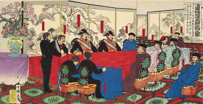 1895년 시모노세키조약 장면 그림(출처: 詳見圖示(1895),http://image.hnol.net/b/2007-9-14/22/2007914224651250.jpgWikimedia Commons, Public Domain)