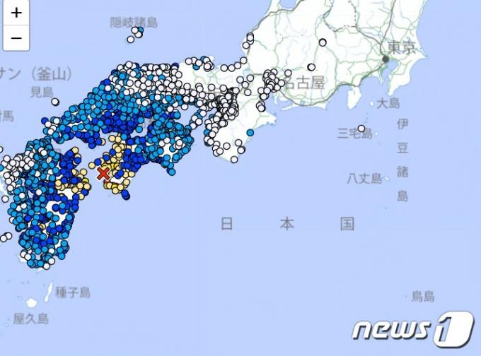 현지시간 17일 오후 11시 14분께 일본 오이타현 오이타시 동쪽 74km 해역에서 규모 6.4의 지진이 발생했다.  (일본 기상청)