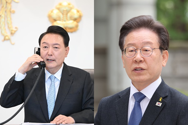 윤석열 대통령이 19일 이재명 더불어민주당 대표와 전화 통화를 통해 다음주에 만날 것을 제안했다. 사진은 윤 대통령(왼쪽)이 지난 17일 서울 용산 대통령실 청사에서 프라보워 수비안토 인도네시아 대통령 당선인과 전화 통화하는 모습과 이 대표가 지난 16일 서울 서초구 서울중앙지방법원에서 열린 '대장동 배임 및 성남FC 뇌물 의혹' 21차 공판에 출석하며 취재진 질문에 답하는 모습. /사진=뉴시스(왼쪽 대통령실 제공) 