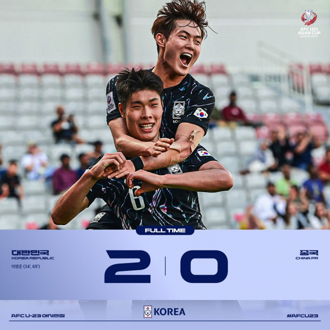 대한민국 축구 국가대표팀이 지난 19일 오후(현지시각) 카타르 도하 압둘라 빈 칼리파 스타디움에서 열린 2024 아시아축구연맹(AFC) U-23 아시안컵 조별리그 B조 2차전 한국과 중국의 경기 시작에서 2대0 승리를 거뒀다. /사진=대한축구협회 제공