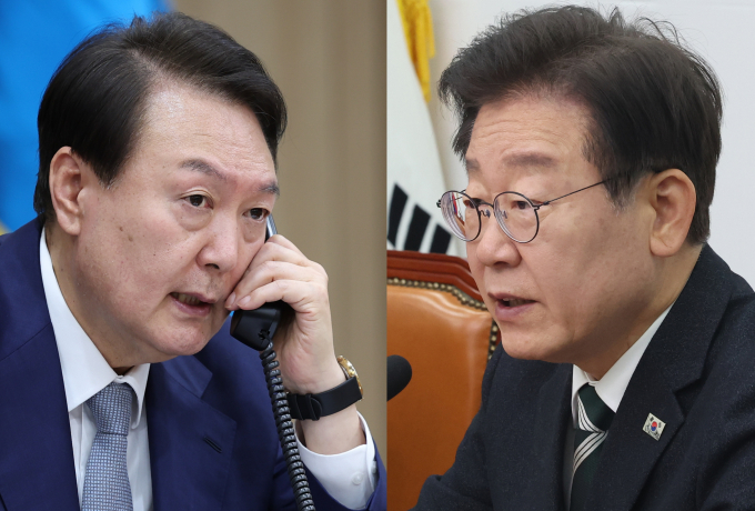 대통령실은 20일 다음 주로 전망되는 윤석열 대통령과 이재명 더불어민주당 대표의 회담과 관련 "아직 만남의 날짜, 형식 등은 정해지지 않았다"고 설명했다. 사진은 윤석열 대통령과 이재명 더불어민주당 대표. /사진=뉴스1