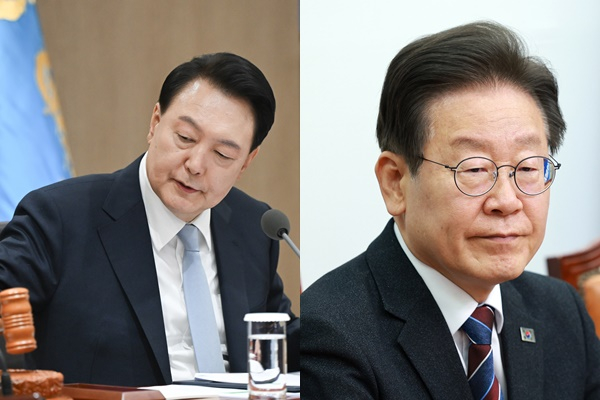 윤석열 대통령과 이재명 더불어민주당 대표의 영수회담 진행을 위해 한오섭 정무수석 비서관과 천준호 민주당 대표 비서실장이 22일 만나 시기, 의제, 참석자 등을 협의할 계획이다. 사진은 (왼쪽) 윤 대통령이 지난 16일 서울 용산 대통령실 청사에서 열린 국무회의를 주재하는 모습. (오른쪽) 이 대표가 지난 17일 서울 여의도 국회에서 열린 최고위원회의에 참석한 모습. /사진=뉴시스(왼쪽 대통령실 제공) 