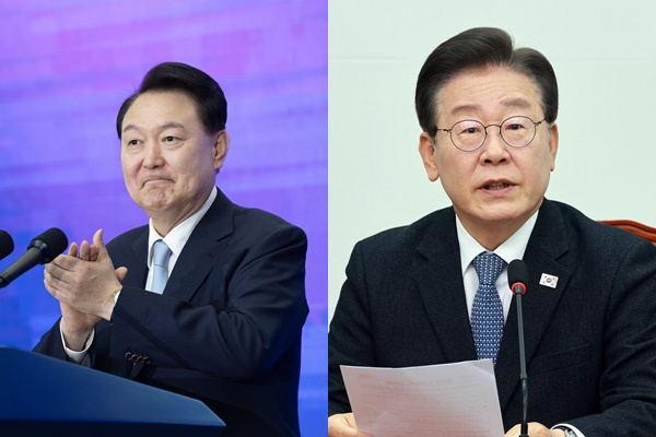 윤석열 대통령과 이재명 민주당 대표의 영수회담 1차 실무협상이 23일 진행됐다. 사진은 (왼쪽) 윤 대통령이 지난 22일 경기 과천시 국립과천과학관에서 열린 2024 과학기술·정보통신의 날 기념식에서 기념사 하며 유공자들에게 박수를 보내는 모습. (오른쪽) 이 대표가 지난 22일 서울 여의도 국회에서 열린 최고위원회의에서 발언하는 모습. /사진=뉴시스(왼쪽 대통령실 제공)