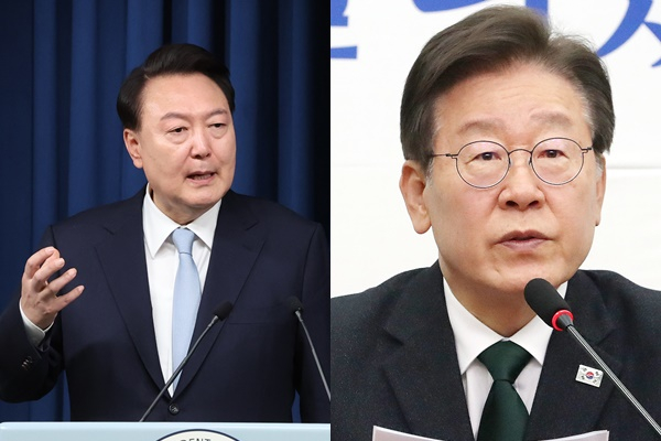 오는 25일 윤석열 대통령과 이재명 더불어민주당 대표의 영수회담 준비를 위한 2차 실무 회동이 진행된다. 사진은 (왼쪽) 윤 대통령이 22일 서울 용산 대통령실 청사에서 정진석 국민의힘 의원의 신임 비서실장 임명 발표를 마친 뒤 취재진의 질문에 답하는 모습. (오른쪽) 이 대표가 24일 서울 여의도 국회에서 열린 최고위원회의에 참석해 발언하는 모습. /사진=뉴시스