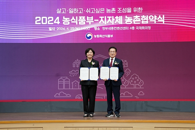 최기문 영천시장(오른쪽)이 송미령 농식품부 장관과 업무협약서를 들어보이고 있다./사진제공=경북 영천시