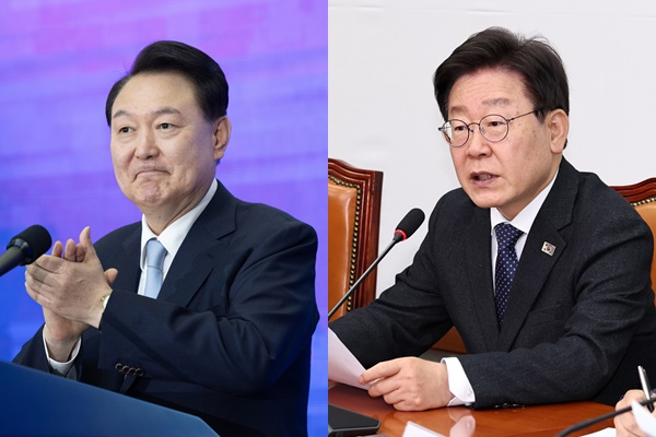 대통령실과 더불어민주당이 윤석열 대통령과 이재명 민주당 대표의 영수회담 준비를 위한 3차 실무 회동을 26일 오전에 진행한다. 사진은 (왼쪽) 윤 대통령이 지난 22일 경기 과천시 국립과천과학관에서 열린 2024 과학기술·정보통신의 날 기념식에서 박수를 보내는 모습. (오른쪽) 이 대표가 26일 서울 여의도 국회에서 열린 최고위원회의에서 모두발언하는 모습. /사진=뉴스1(왼쪽 대통령실 제공) 