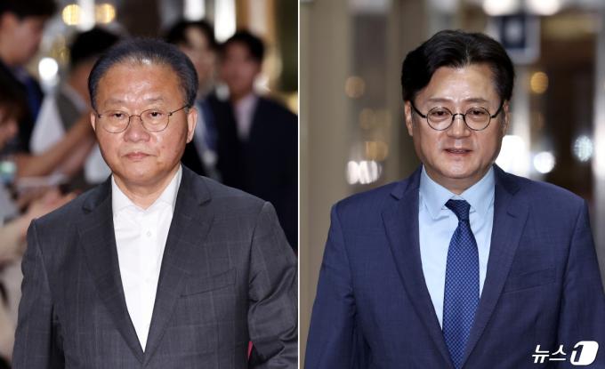 윤재옥 국민의힘 원내대표 겸 대표 권한대행(왼쪽)과 홍익표 더불어민주당 원내대표가 서울 여의도 국회에서 여야 원내대표 회동을 위해 국회의장실에 들어서고 있다. 2024.4.23/뉴스1 ⓒ News1 구윤성 기자