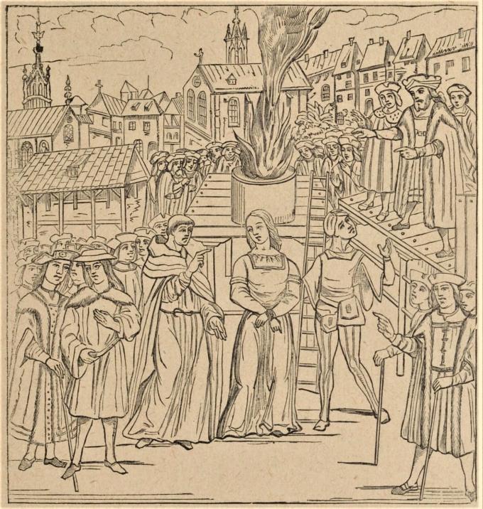 화형에 처해지는 잔 다르크(출처: Unknown author 삽화(16C), Walter Sidney Scott, ‘Le manuscrit de Diane de Poitiers (source probable de Shakespeare pour la figure de la Pucelle)’, Bulletin des Amis du Vieux Chinon, tome VI, n&deg; 6, 1961-1962, p. 277-278, lire en ligne, Wikimedia Commons, Public Domain)
