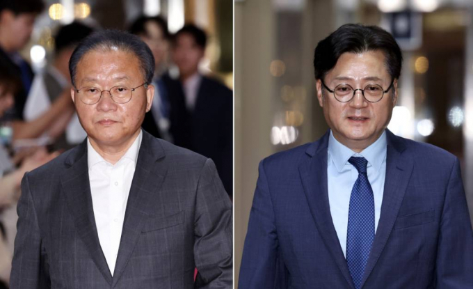 여·야 원내대표가 다음달 임시국회 일정 협의를 위해 만났으나 별다른 소득 없이 끝났다. 사진은 지난 23일 오후 서울 여의도 국회에서 여야 원내대표 회동을 위해 국회의장실에 들어서고 있는 윤재옥 국민의힘 원내대표 겸 대표 권한대행(왼쪽)과 홍익표 더불어민주당 원내대표. /사진= 뉴스1