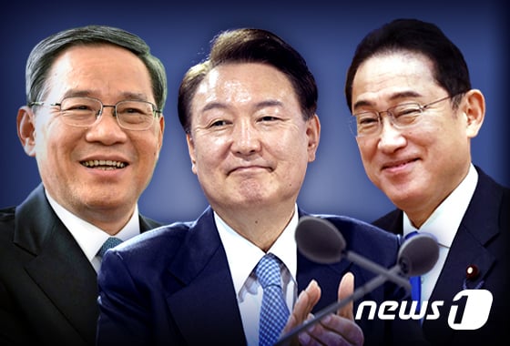 윤석열 대통령, 기시다 후미오 일본 총리, 리창 중국 총리.ⓒ News1 김초희 디자이너