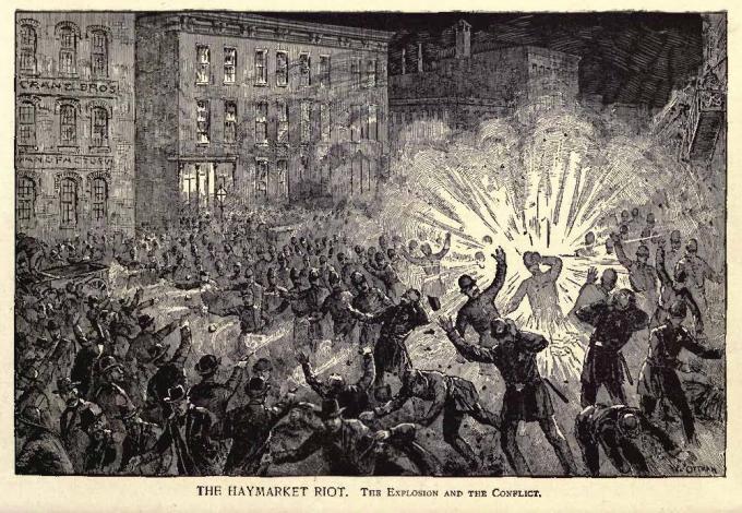 헤이마켓 사건을 보도한 신문의 삽화 (출처: Unknown author, ,Anarchy and Anarchists by Michael J. Schaack, 삽화(1889)Wikimedia Commons, Public Domain)
